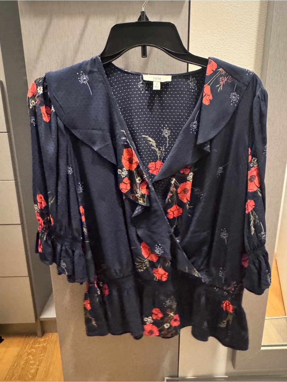 Joie Navy Floral Ruffle Wrap Blouse with Red Poppies